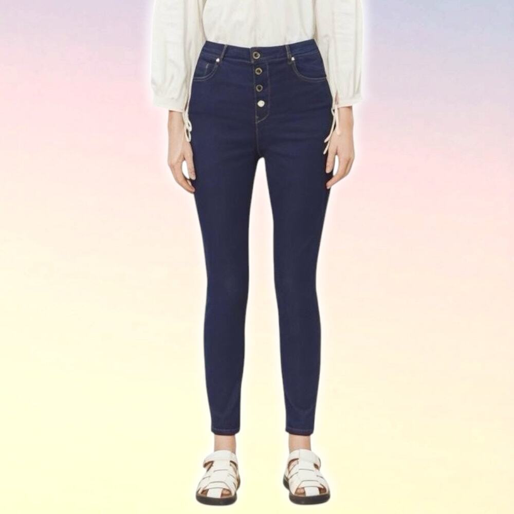 TED BAKER Leppie Button Front High Rise Skinny Jean Sz 25 Dark Blue
